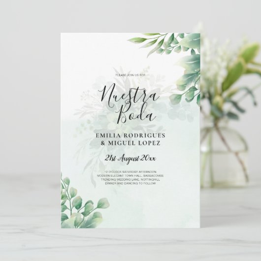 Greenery Gold Eucalyptus WEDDING QR CODE Moderne Einladung (Stehend Vorderseite)