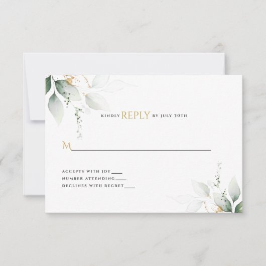 Greenery & Gold Eucalyptus Wedding RSVP Karte (Vorderseite)
