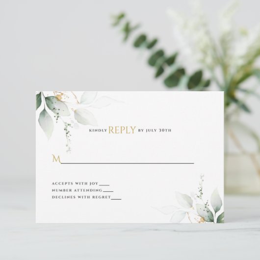 Greenery & Gold Eucalyptus Wedding RSVP Karte (Stehend Vorderseite)