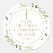 Greenery Gold First Holy Communion Message Runder Aufkleber (Vorderseite)