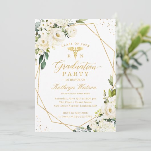 Greenery Gold Floral Medical Logo Abschluss Einladung (Stehend Vorderseite)