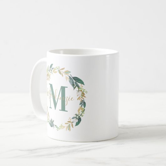 Greenery Gold Floral Wreath Custom Monogram Kaffeetasse (Vorderseite Links)