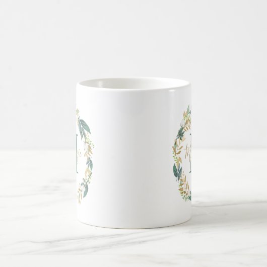 Greenery Gold Floral Wreath Custom Monogram Kaffeetasse (Mittel)