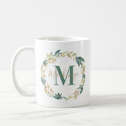 Greenery Gold Floral Wreath Custom Monogram Kaffeetasse (Links)