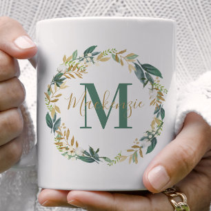 Greenery Gold Floral Wreath Custom Monogram Kaffeetasse