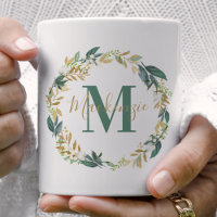 Greenery Gold Floral Wreath Custom Monogram