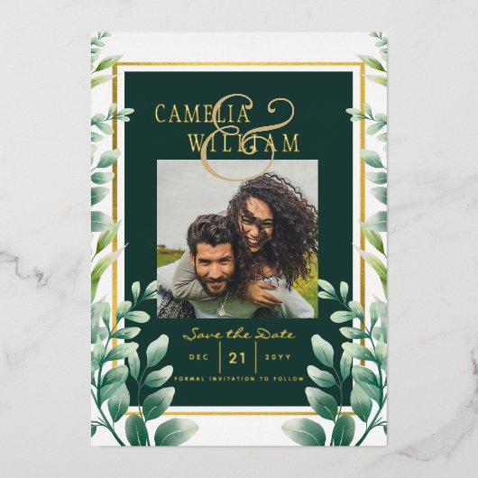 Greenery Gold Foil FOTO QR CODE Hochzeitsdatum Ger Folieneinladung (Vorderseite)