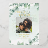 Greenery Gold Foil FOTO QR CODE Hochzeitsdatum Ger Folieneinladung (Vorderseite)