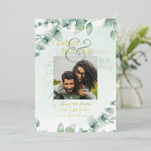 Greenery Gold Foil FOTO QR CODE Hochzeitsdatum Ger Folieneinladung (Stehend vorne)