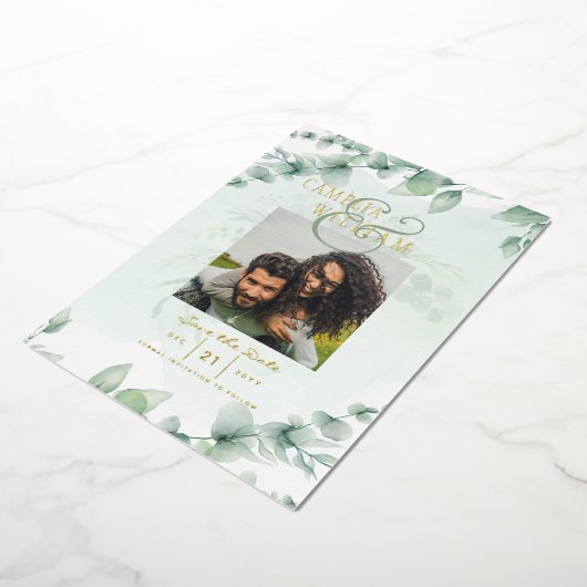 Greenery Gold Foil FOTO QR CODE Hochzeitsdatum Ger Folieneinladung (Gedreht)