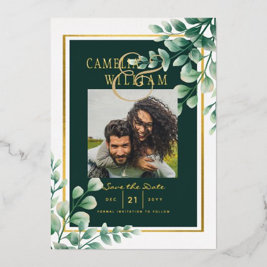 Greenery Gold Foil FOTO QR CODE Hochzeitsdatum Ger Folieneinladung (Vorderseite)