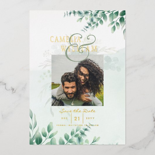 Greenery Gold Foil FOTO QR CODE Hochzeitsdatum Ger Folieneinladung (Vorderseite)