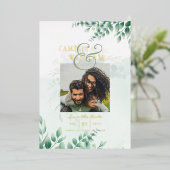 Greenery Gold Foil FOTO QR CODE Hochzeitsdatum Ger Folieneinladung (Stehend vorne)