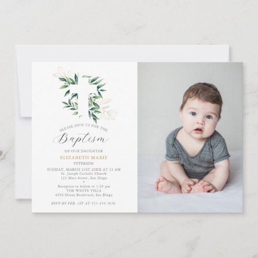 Greenery Gold Foliage Baby Kleinkind Foto Taufe Einladung (Vorderseite)