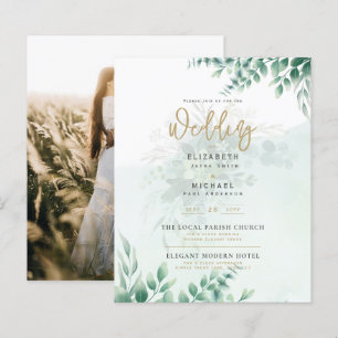 Greenery Gold FOTO Wedding Einladung BUDGET