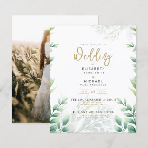 Greenery Gold FOTO Wedding Einladung BUDGET