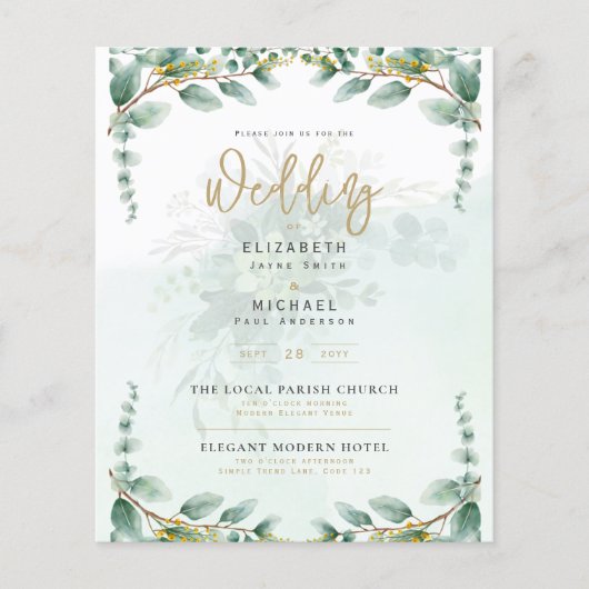 Greenery Gold FOTO Wedding Einladung BUDGET Flyer (Vorne)