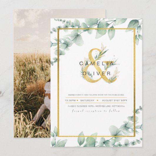 Greenery Gold FOTO WEDDING INVITATION Einladung (Vorne/Hinten)