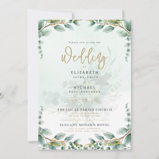 Greenery Gold FOTO Wedding LeahG Einladung (Vorderseite)