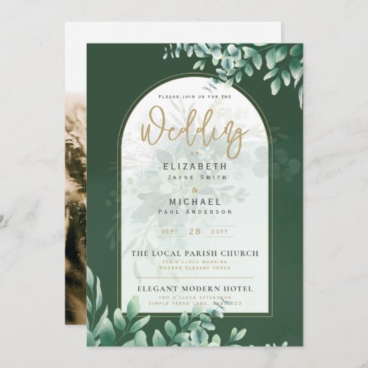 Greenery Gold FOTO Wedding LeahG Einladung (Vorne/Hinten)