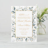 Greenery Gold Frame muslimische Hochzeit Einladung (Stehend Vorderseite)