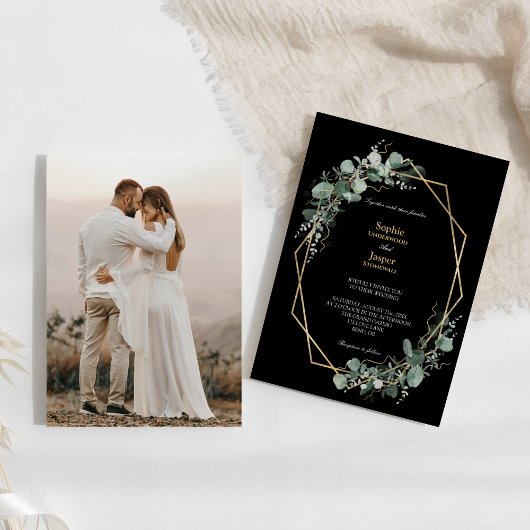 Greenery Gold Frame Simple Black Foto Wedding Einladung