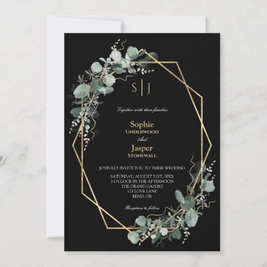 Greenery Gold Frame Simple Black Monogram Wedding Einladung (Vorderseite)