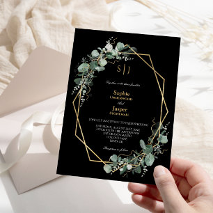 Greenery Gold Frame Simple Black Monogram Wedding Einladung
