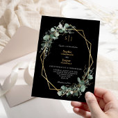 Greenery Gold Frame Simple Black Monogram Wedding Einladung