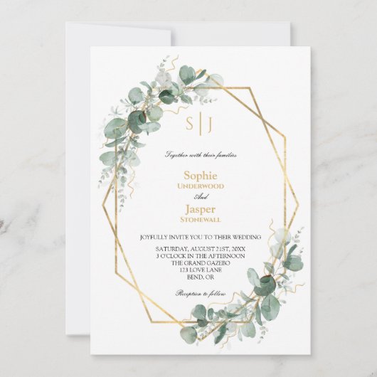 Greenery Gold Frame Simple Monogram Foto Wedding Einladung (Vorderseite)
