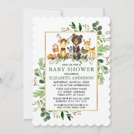 Greenery Gold Frame Woodland Animals Baby Shower Einladung