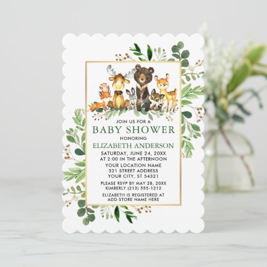 Greenery Gold Frame Woodland Animals Baby Shower Einladung (Stehend Vorderseite)