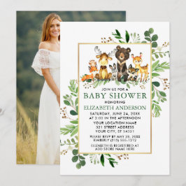Greenery Gold Frame Woodland Animals Shower Foto Einladung