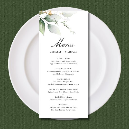 Greenery Gold Garden Blätter Botanische Hochzeit Menükarte