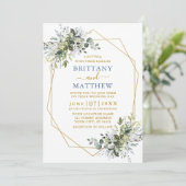 Greenery Gold Geo Frame Dusty Blue Wedding Einladung (Stehend Vorderseite)