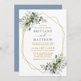 Greenery Gold Geo Frame Dusty Blue Wedding Einladung