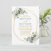 Greenery Gold Geo Frame Foto Wedding Dusty Blue Einladung (Stehend Vorderseite)