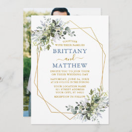 Greenery Gold Geo Frame Foto Wedding Dusty Blue Einladung