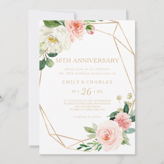 Greenery & Gold Geometric 50. Hochzeitstag Einladung (Vorderseite)