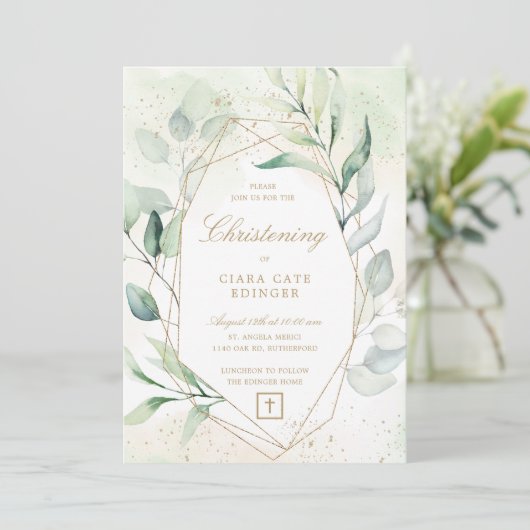 Greenery Gold Geometric Eucalyptus Christening Einladung (Stehend Vorderseite)