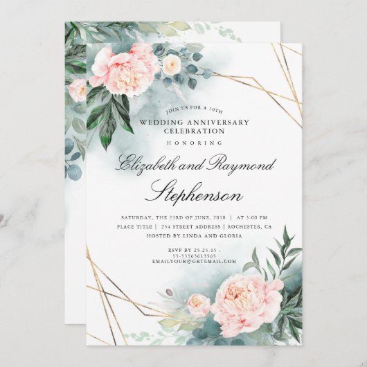 Greenery Gold Geometric Floral Wedding Jahrestag Einladung (Vorne/Hinten)