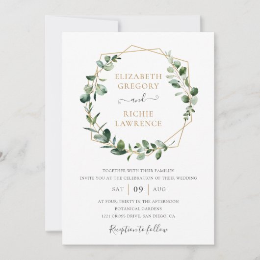 Greenery Gold Geometric Frame Elegante Hochzeit Einladung (Vorderseite)