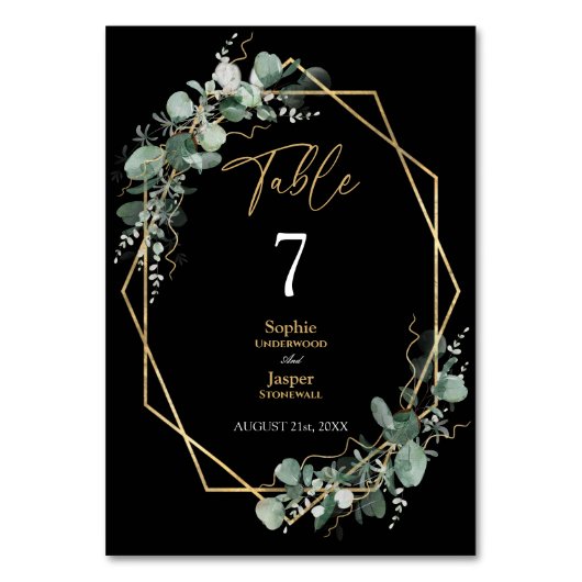 Greenery Gold Geometric Frame Simple Black Wedding Tischnummer (Vorderseite)
