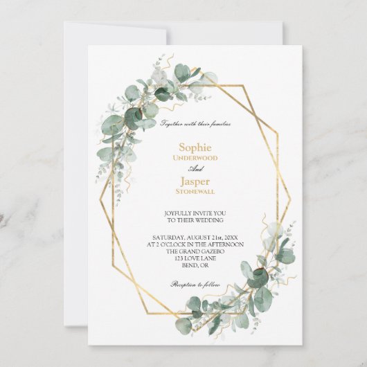 Greenery Gold Geometric Frame Simple Wedding Einladung (Vorderseite)