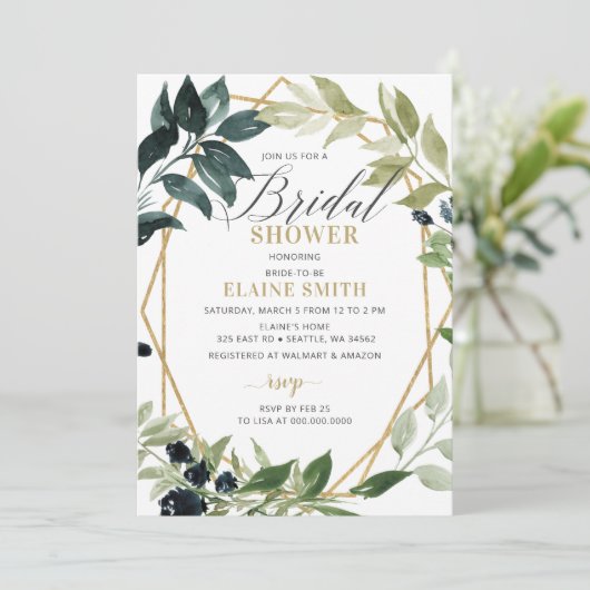Greenery Gold Geometric Modern Brautparty Einladung (Stehend Vorderseite)