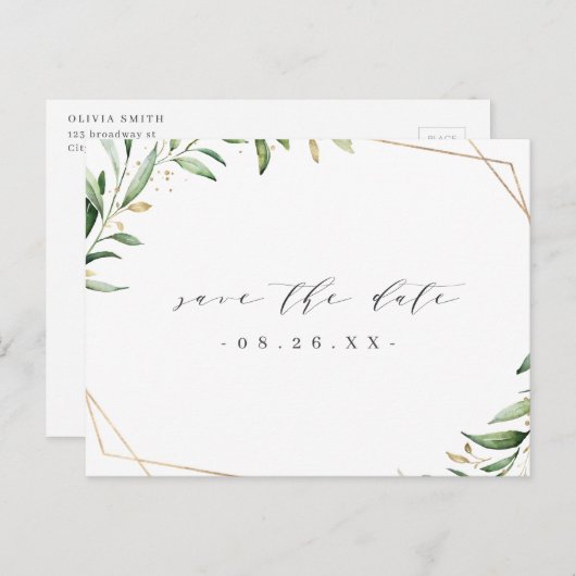 Greenery Gold Geometric Save the Date rustikal Ankündigungspostkarte (Vorne/Hinten)