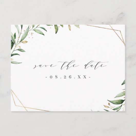 Greenery Gold Geometric Save the Date rustikal Ankündigungspostkarte (Vorderseite)