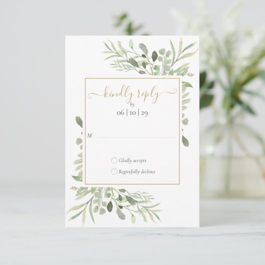 Greenery Gold Geometric Script Wedding RSVP Karte (Stehend Vorderseite)