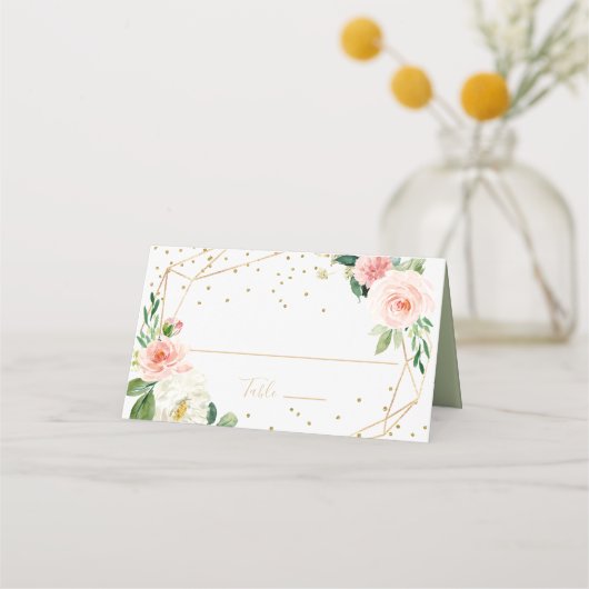 Greenery & Gold Geometric Wedding Platzkarte (Vorderseite)