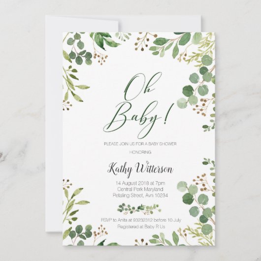 Greenery Gold Glitzer Botanical Baby Shower Einladung (Vorderseite)